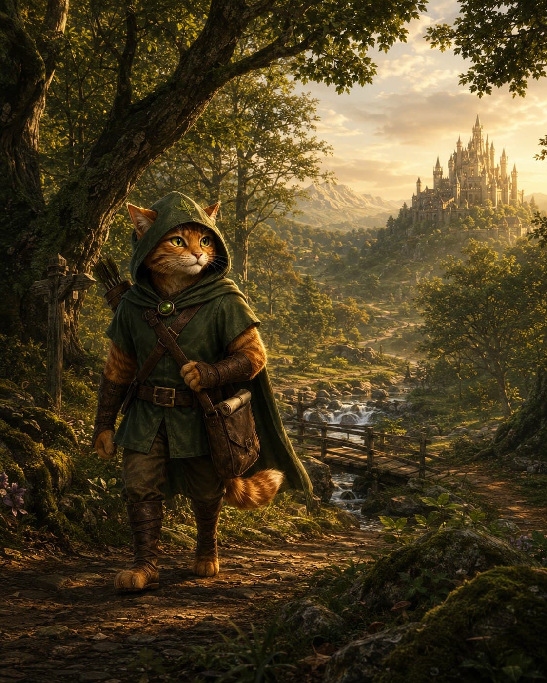 Robin Puss walking a morning trail through Western Sherwood, the castle far in the distance