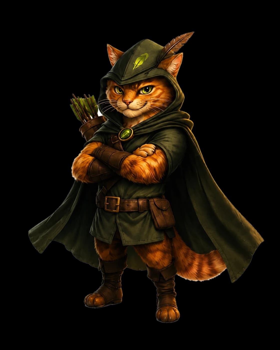 Robin Puss standing with his arms crossed, hooded and watchful