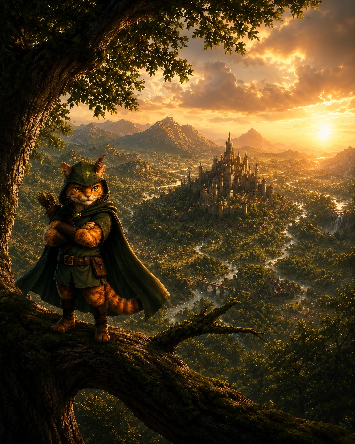 Robin Puss standing on an oak branch high above Sherwood at sunset, the castle rising from the valley beyond