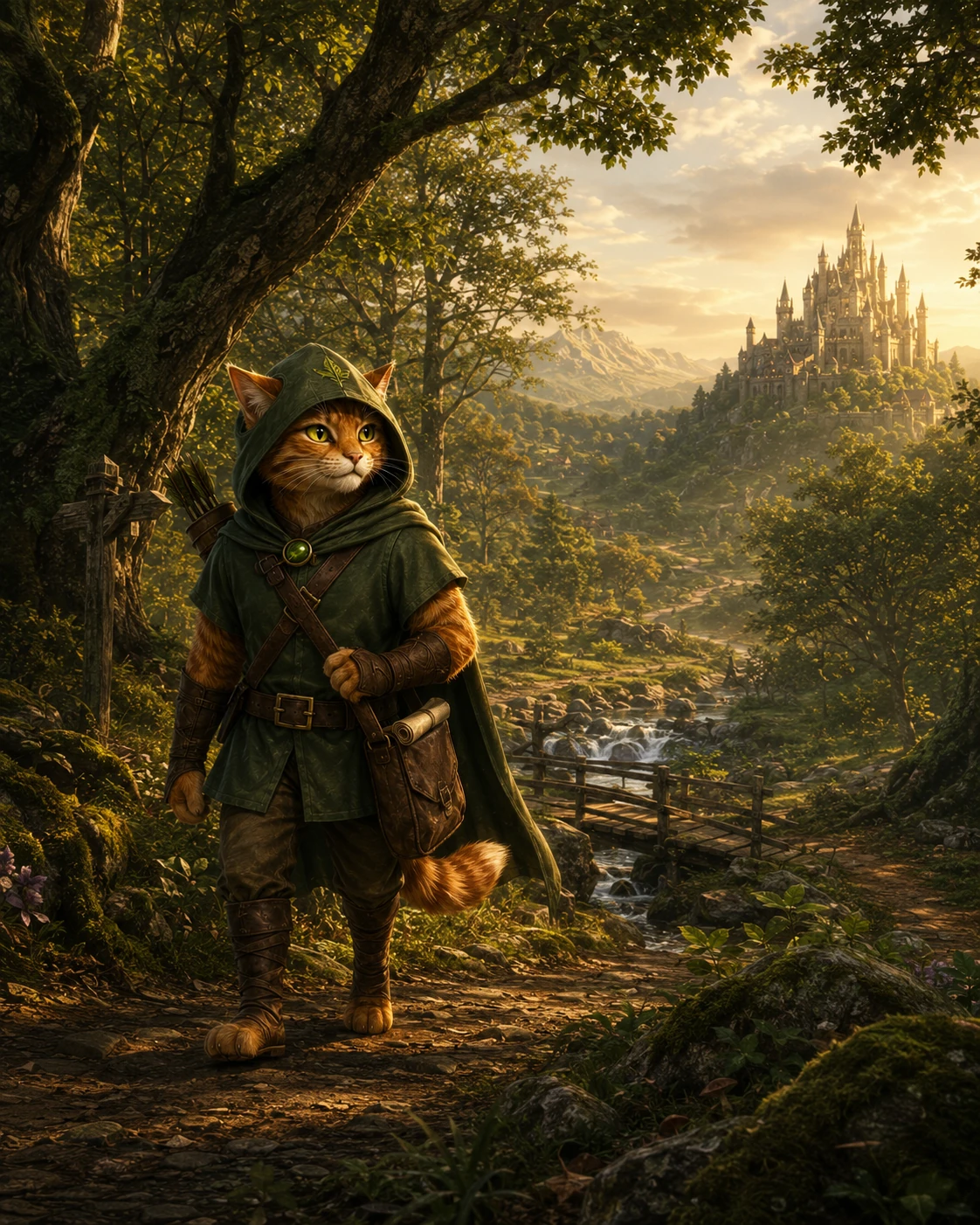 Robin Puss walking a morning trail through Western Sherwood, the castle far in the distance