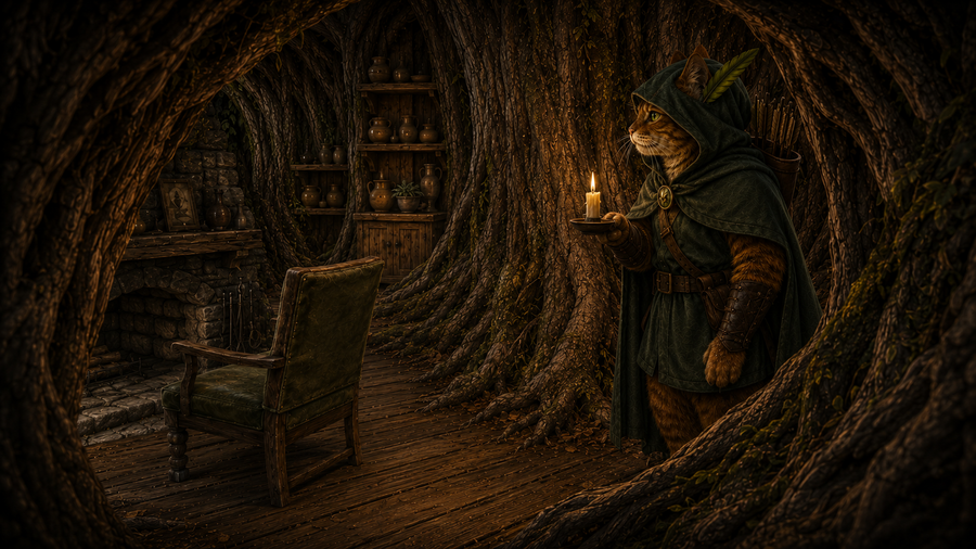 Robin Puss carries a candle into the main room, where a chair faces the cold hearth.