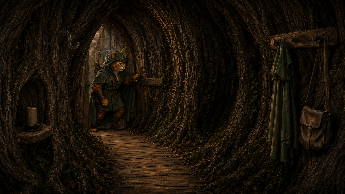 Robin Puss unlocks the hidden door of the Hollow Oak in the last light of dusk.