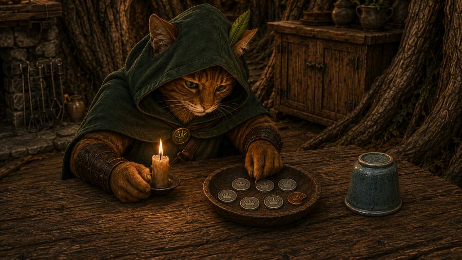 Robin Puss checks the coin bowl on the table by candlelight during a careful search.
