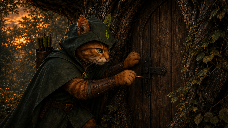 The heavy wooden door of the Hollow Oak stands open and undamaged at the end of the passage.