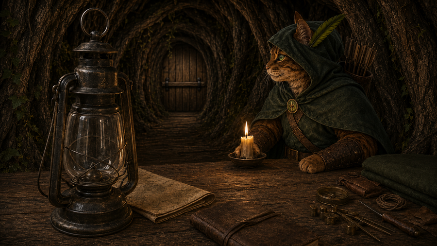 The entrance lantern stands on the table behind a folded map, far from its hook.