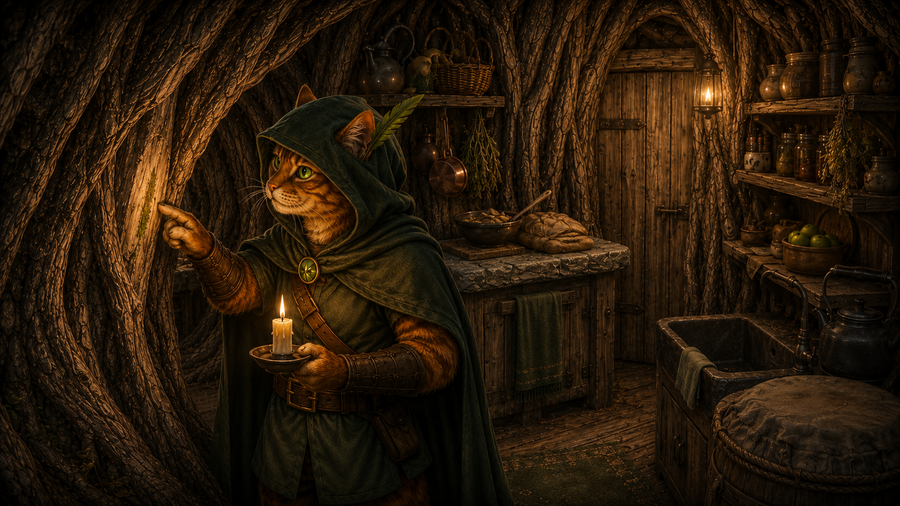 Robin Puss examines a green smear of crushed leaf pulp on the kitchen arch.