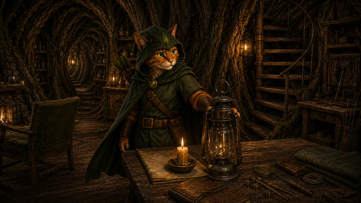 Robin Puss stands beside the moved lantern in the lower Hollow Oak.