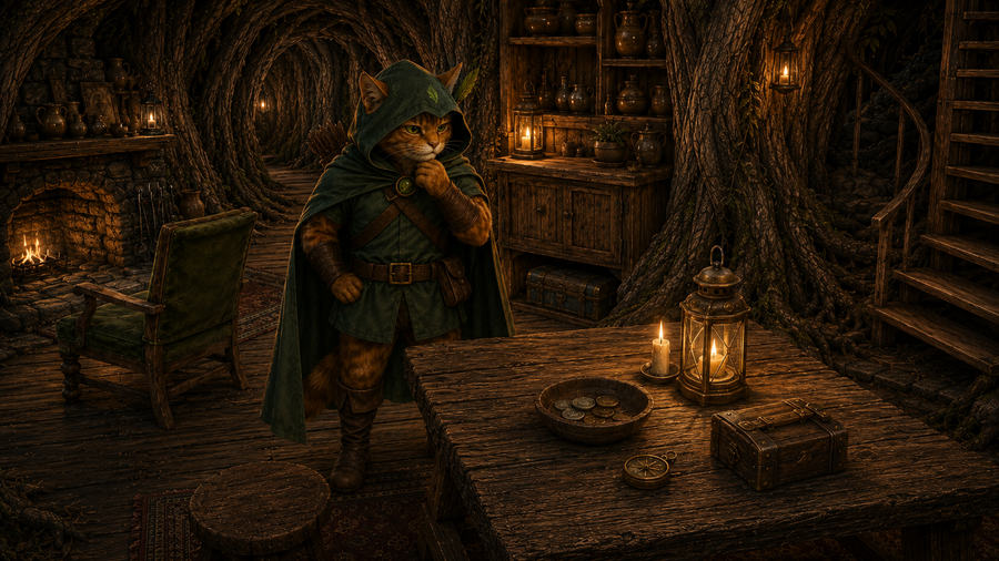 Robin Puss checks the coin bowl and strongbox in his untouched lower room.