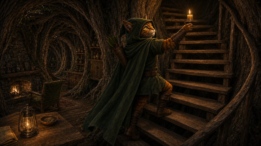 Robin Puss raises his candle and steps onto the first stair as the trail leads upward.