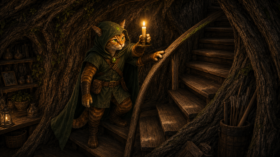 Robin Puss studies the first turn of the spiral staircase by candlelight.