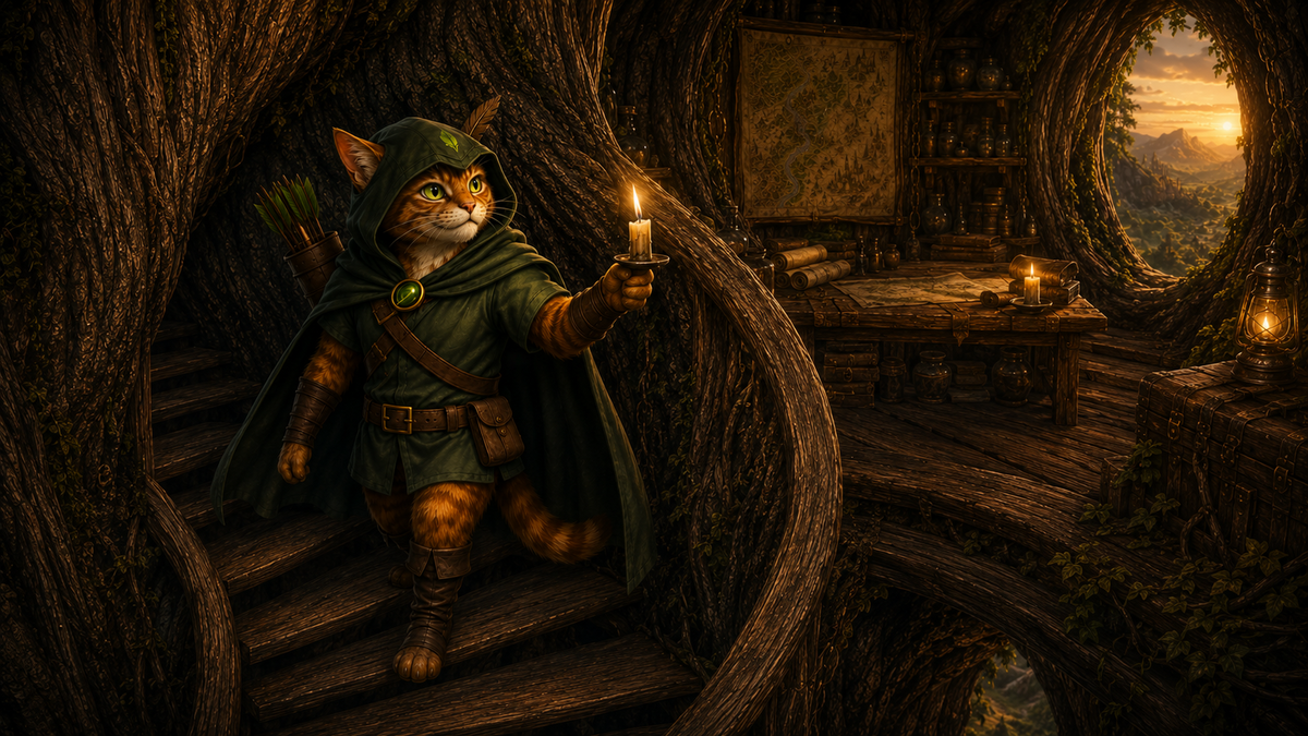 Robin Puss climbs the Hollow Oak staircase toward the map room with a candle.