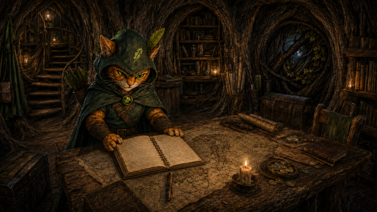 Robin Puss studies an open journal and scattered records in the Hollow Oak map room.