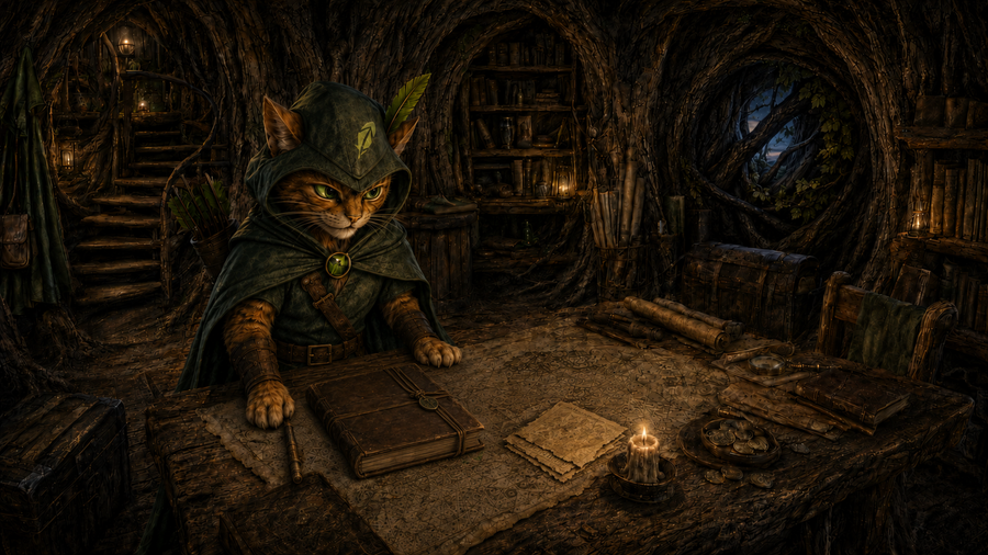 Robin Puss closes the journal as the candle burns low over the map room.