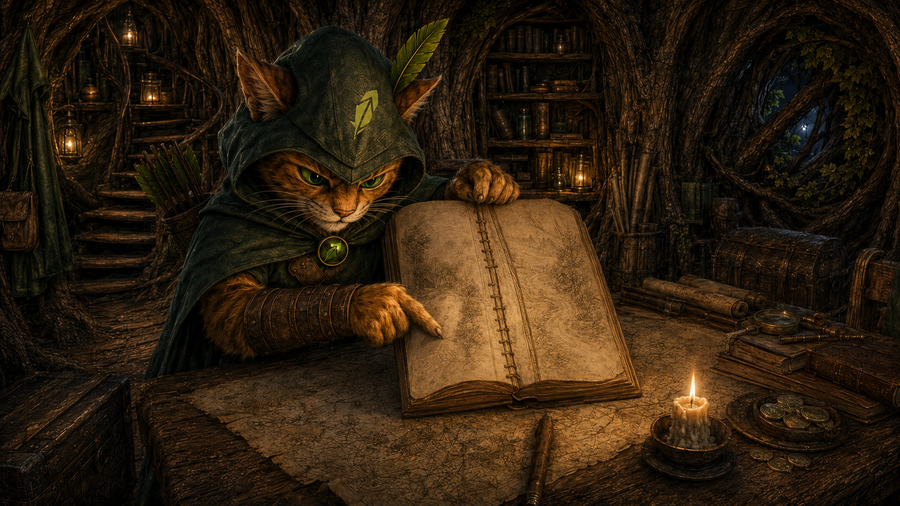 Robin Puss examines the clean gap left by a missing page in his journal.