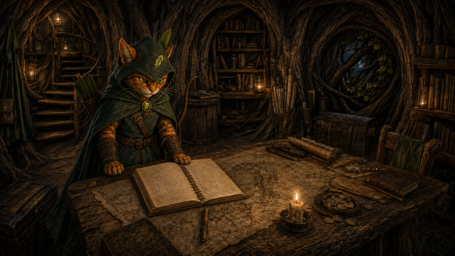 Robin Puss surveys untouched maps, tools and old coins beside the stolen record.