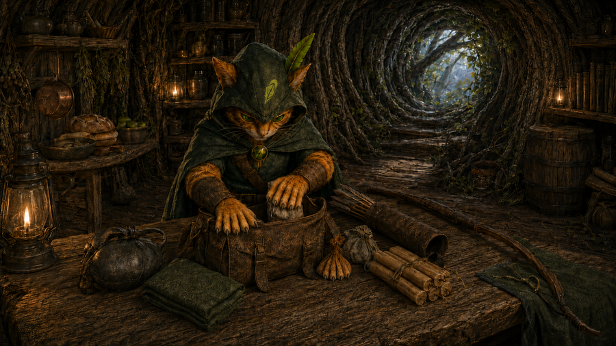 Robin Puss packs food, medicine, candles and arrows for the road ahead.