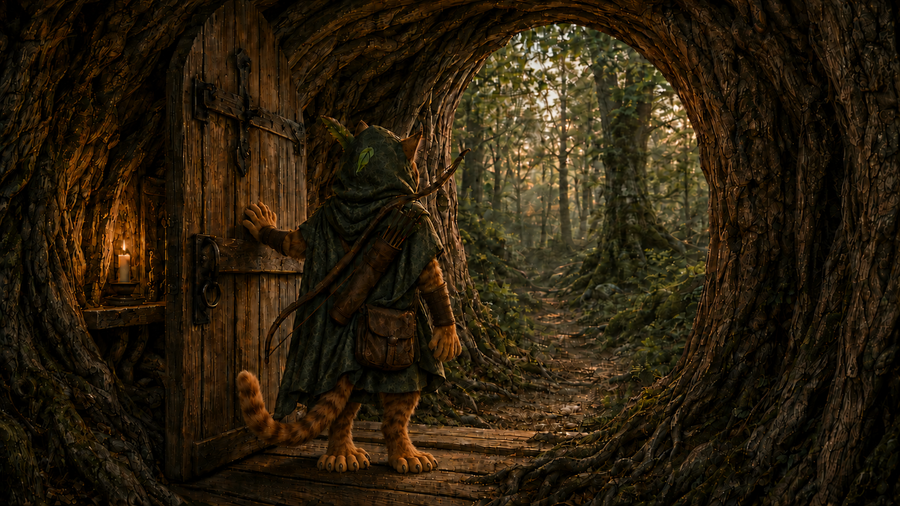 Robin Puss pauses at the open threshold of the Hollow Oak as first light reaches Sherwood.