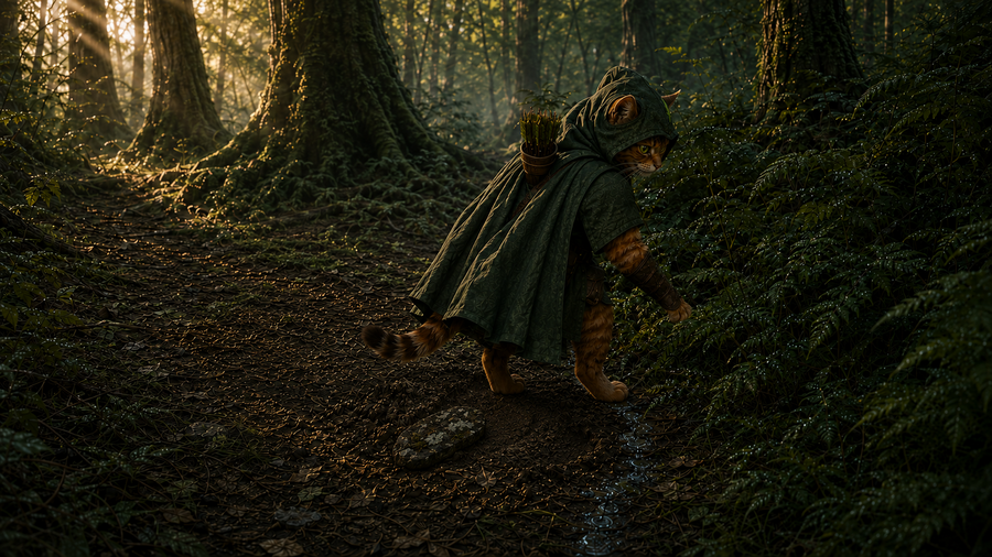 Robin Puss steps off the western trail to follow a broken line of dew beneath the ferns.