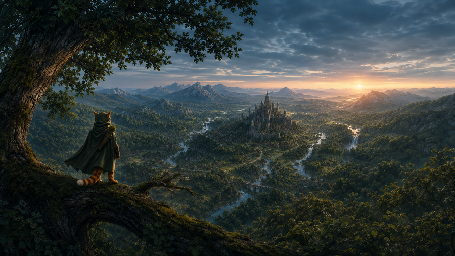 Robin Puss watches first light reach distant King’s Keep from the First Overlook.