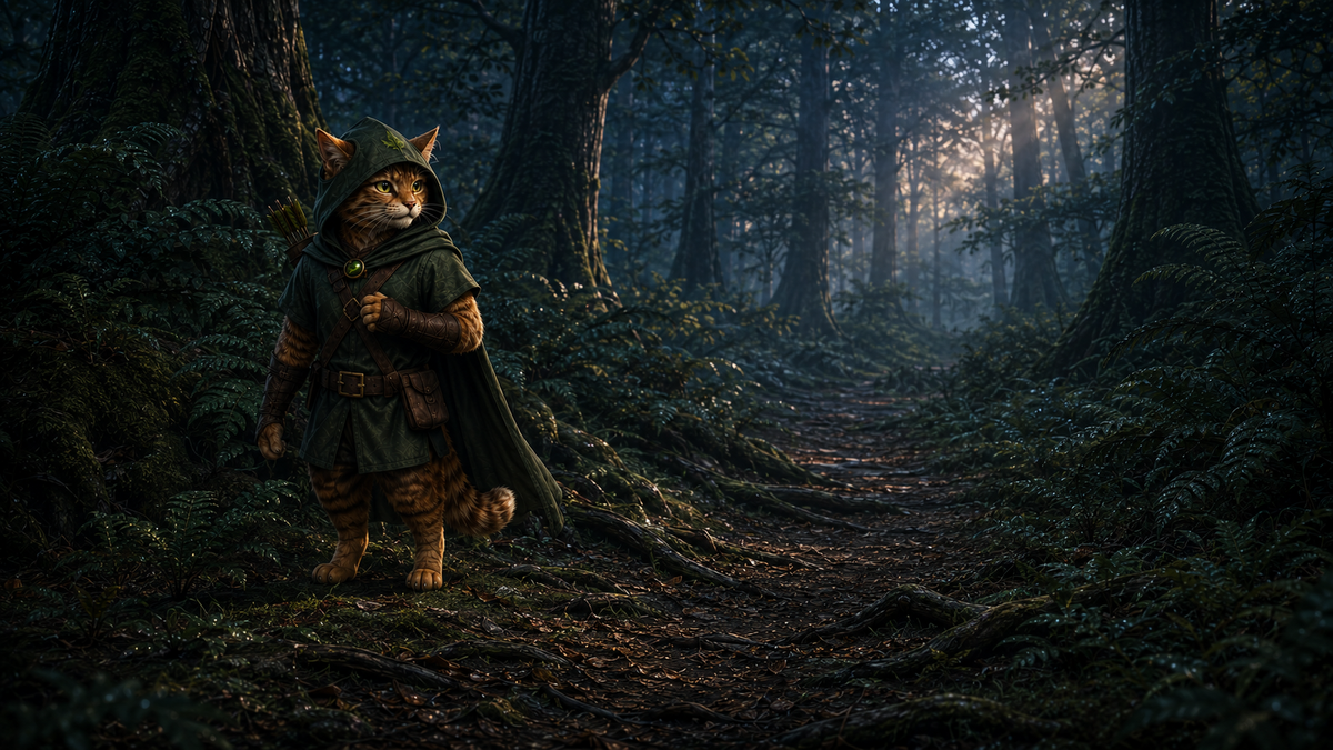 Robin Puss pauses on a quiet Western Sherwood trail before the forest wakes.