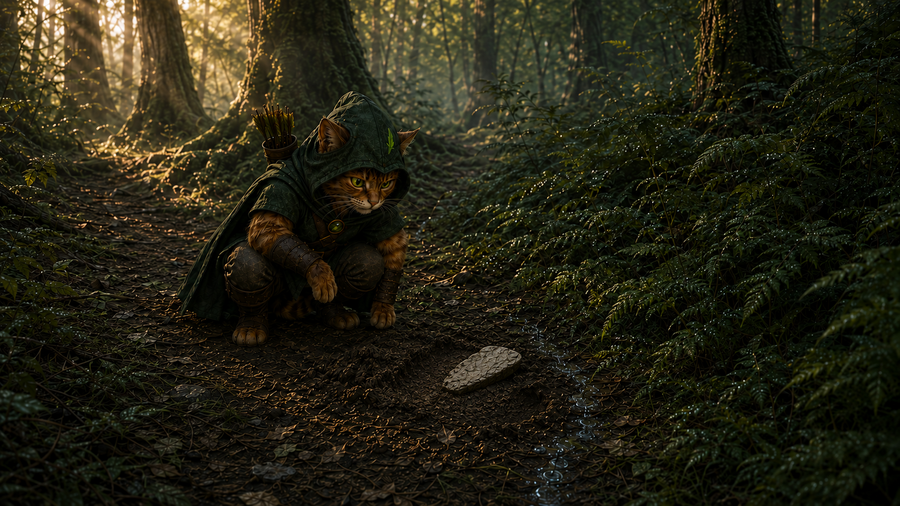 Robin Puss examines a recently overturned flat gray stone beside the western trail.