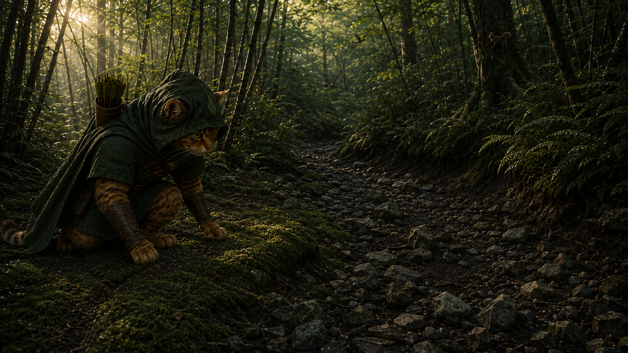Robin Puss reaches the stones and dark silt of the old dry watercourse.