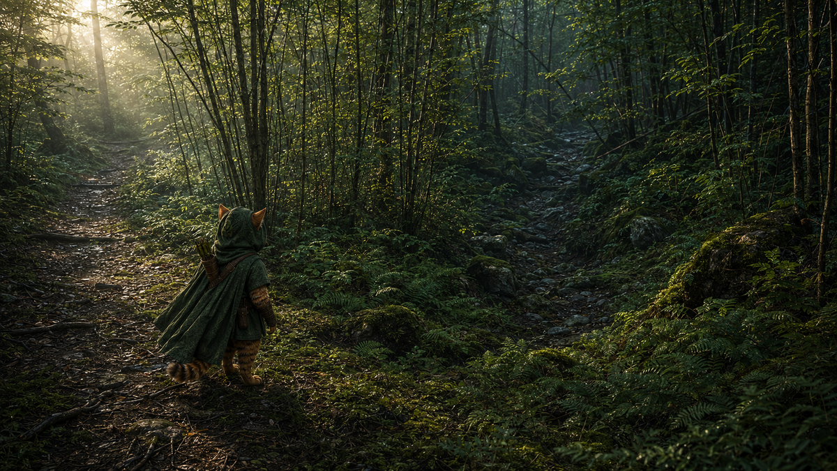 Robin Puss pauses where the western trail gives way to young hazel, the old dry watercourse waiting farther ahead.