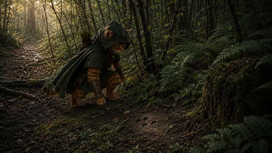 Robin Puss crouches beside the western trail, following a fading disturbance through fern and young hazel.