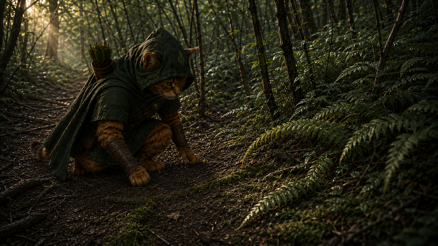 Robin Puss studies pressed moss and a fern bent against its natural turn.