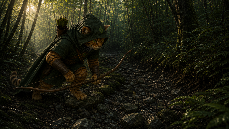 Robin Puss stands among the watercourse stones, bow held low, after three measured knocks silence the birds.