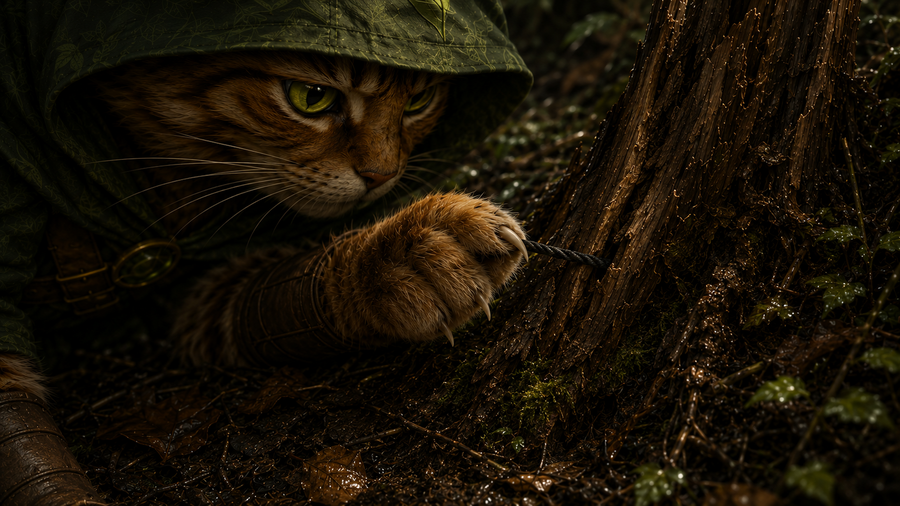 Robin Puss examines a short strand of black cord caught in the split bark of the stump.