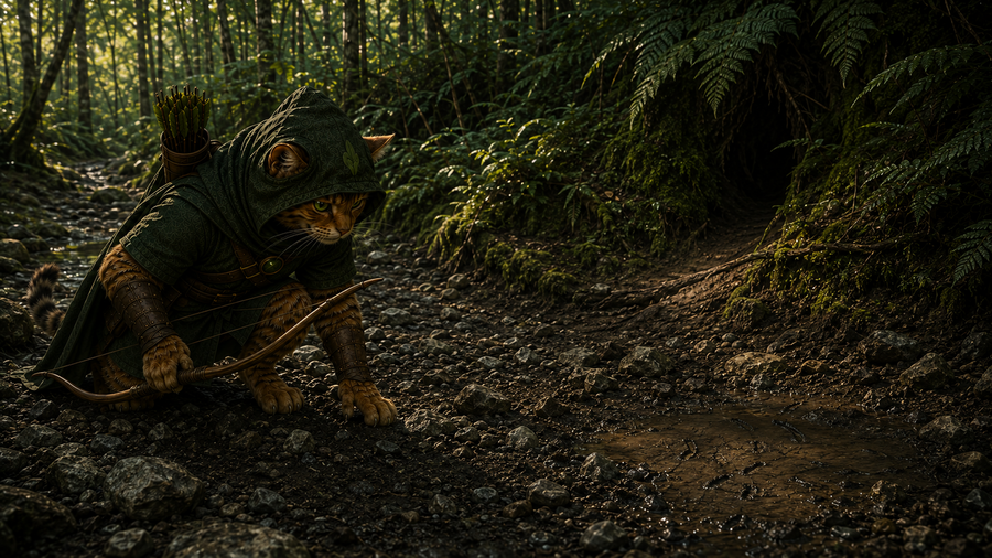 Robin Puss crosses the dry watercourse and follows the groove toward the fern-covered far bank.