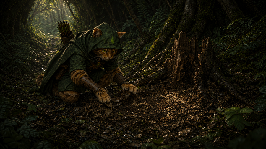 Robin Puss examines subtly disturbed earth beneath the roots of a decaying stump.