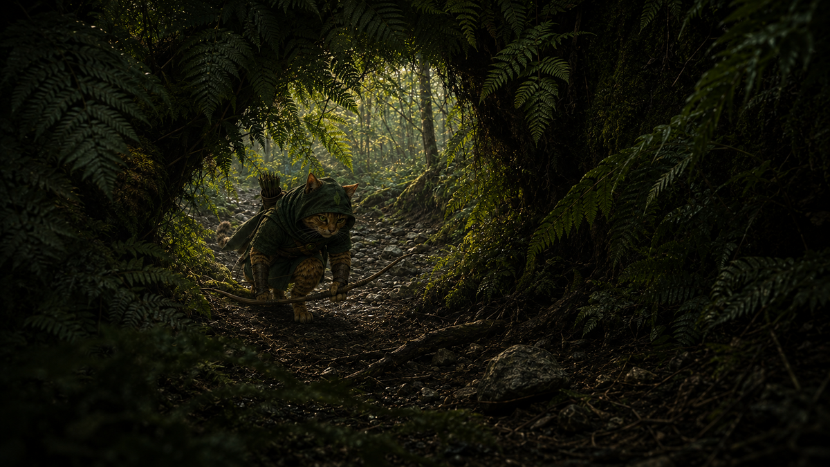 Robin Puss enters a shaded fern hollow beyond the dry watercourse at midday.