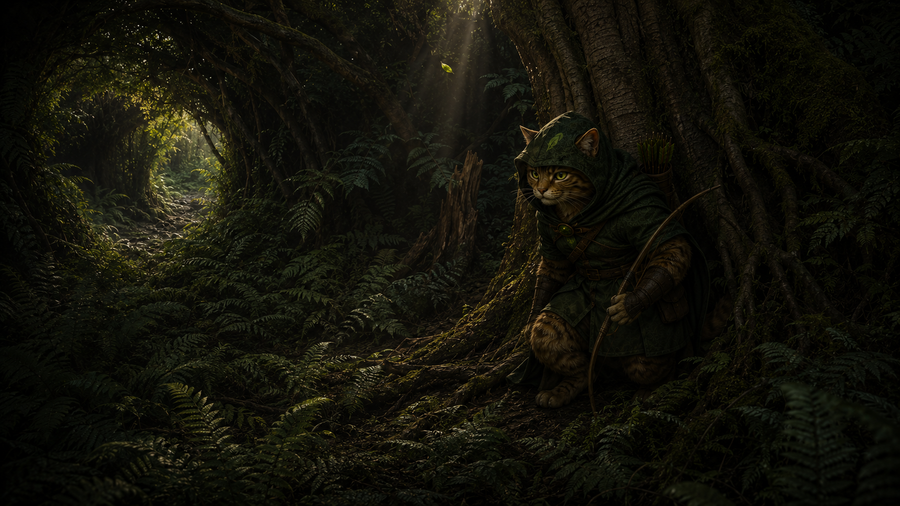 Robin Puss waits beneath an ash tree as a single leaf falls through the silent fern hollow.