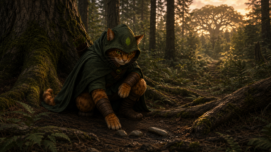 Robin Puss crouches beside the boundary stones after finding the longest stone turned east.