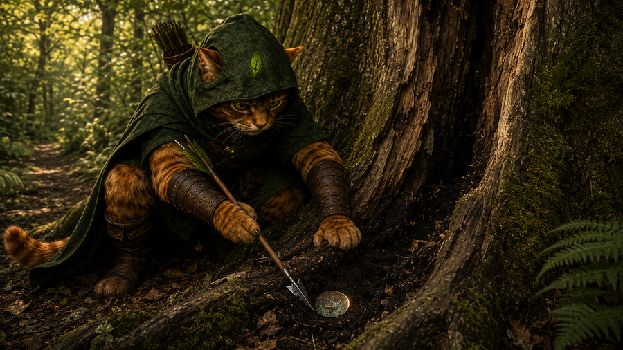 Robin Puss frees an old King’s Keep coin from black earth with the point of an arrow.