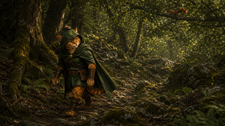 Robin Puss chooses a quiet stony route through Sherwood to hide his steps.