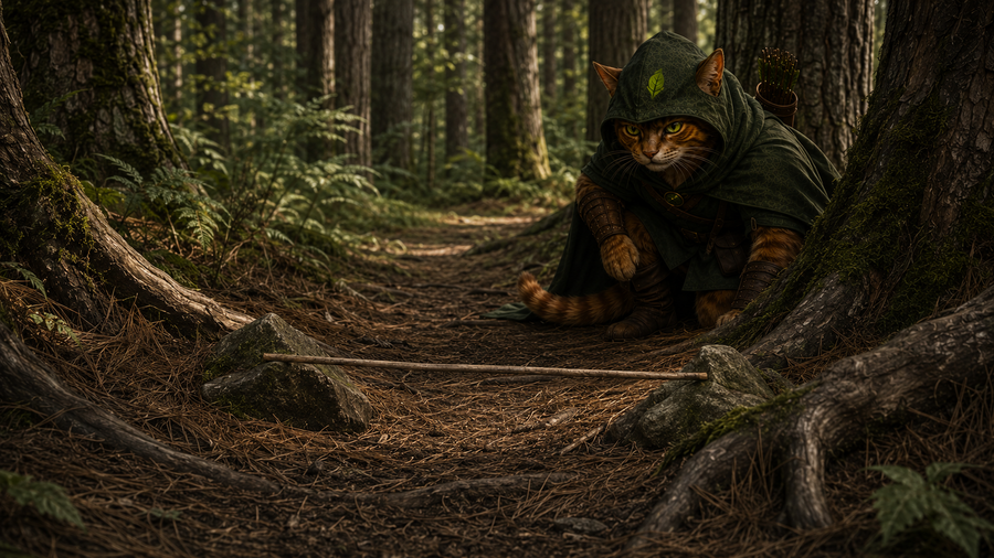 Robin Puss finds the dry twig he placed across the hidden trail still unbroken.