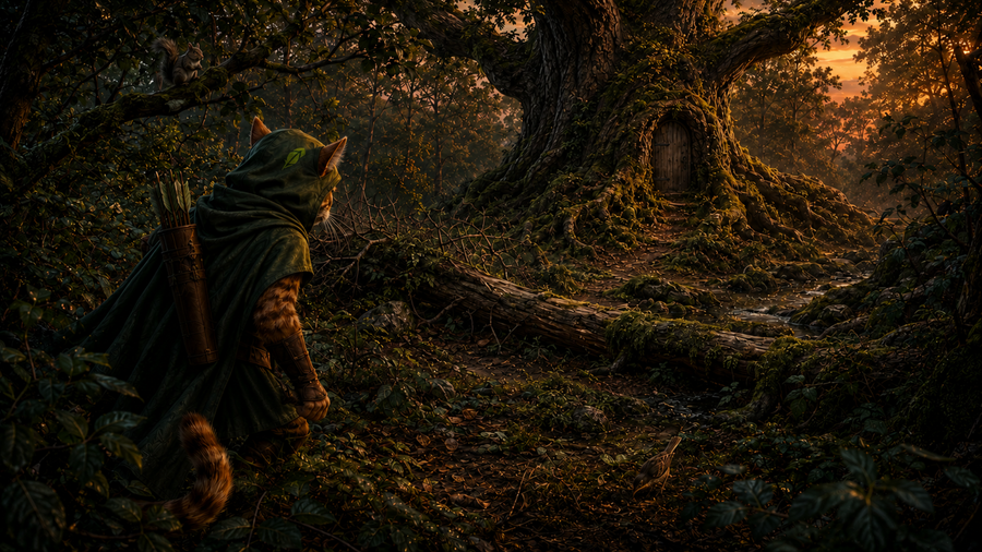Robin Puss watches the Hollow Oak clearing from cover while checking every approach.