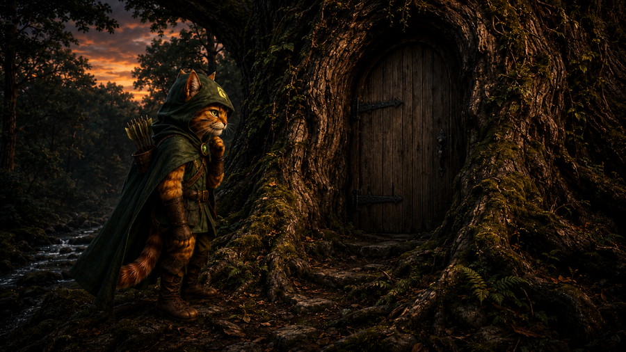 Robin Puss pauses beside the shut door of the Hollow Oak in the last of the evening light.