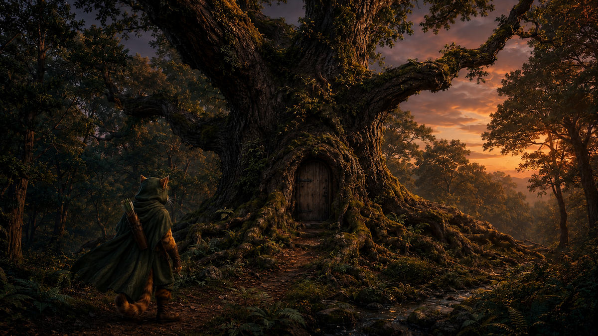 Robin Puss approaches the Hollow Oak at dusk, its hidden door set into the ancient trunk.