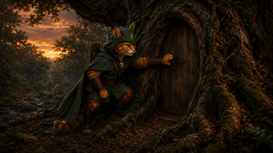 Robin Puss rests one paw on the latch of the Hollow Oak and listens before entering.