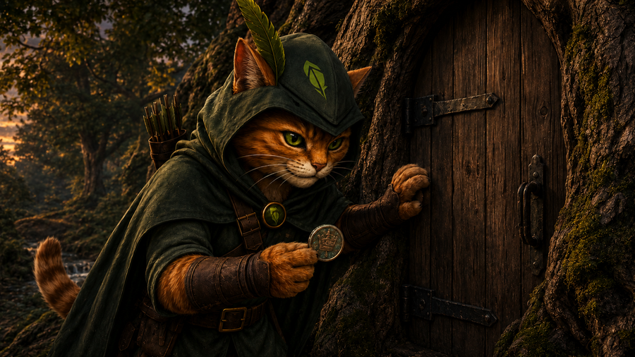 Robin Puss examines an old crowned coin at the locked door of the Hollow Oak.