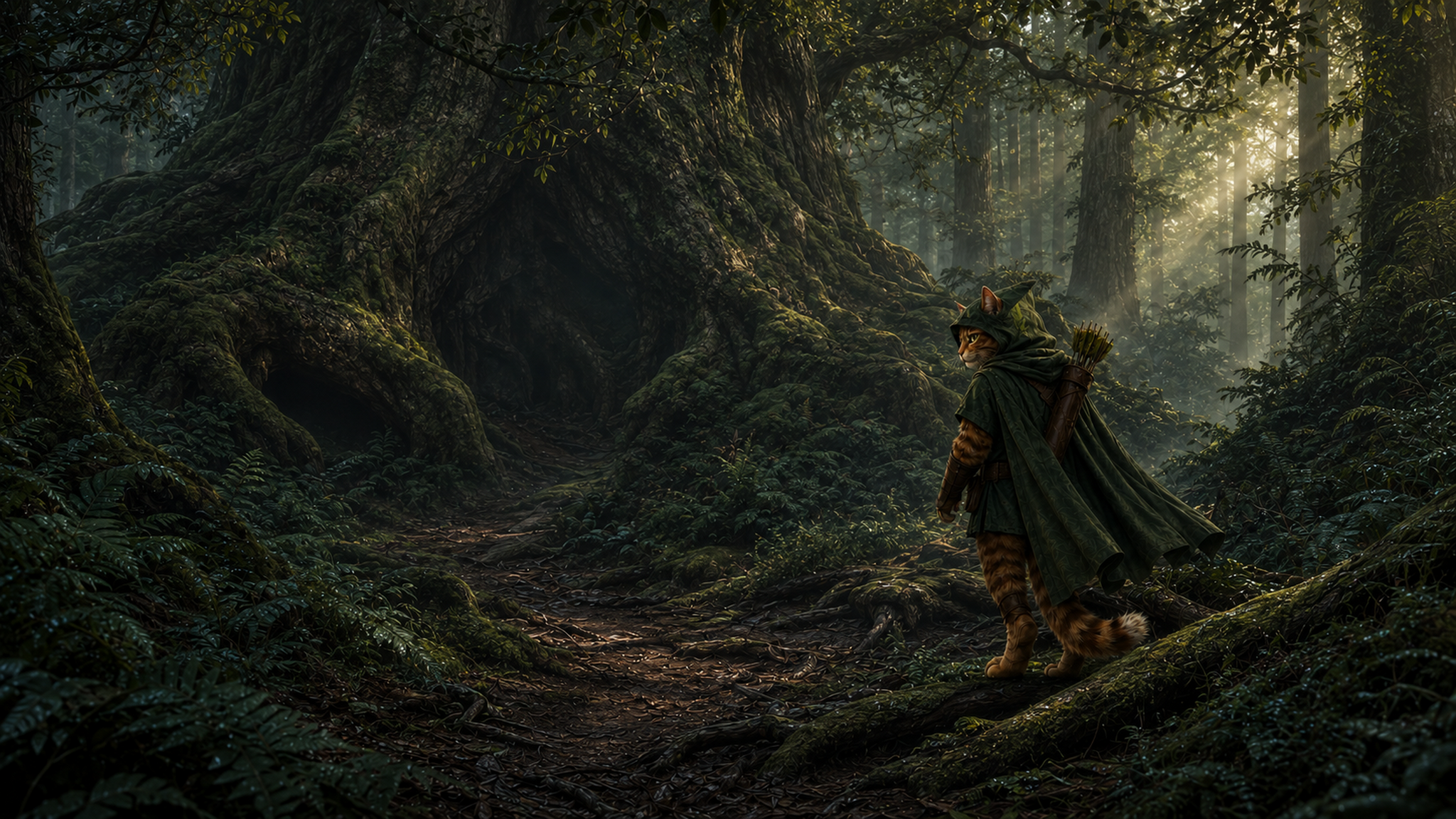 Robin Puss approaches the hidden Hollow Oak beneath ancient roots in Sherwood Forest.