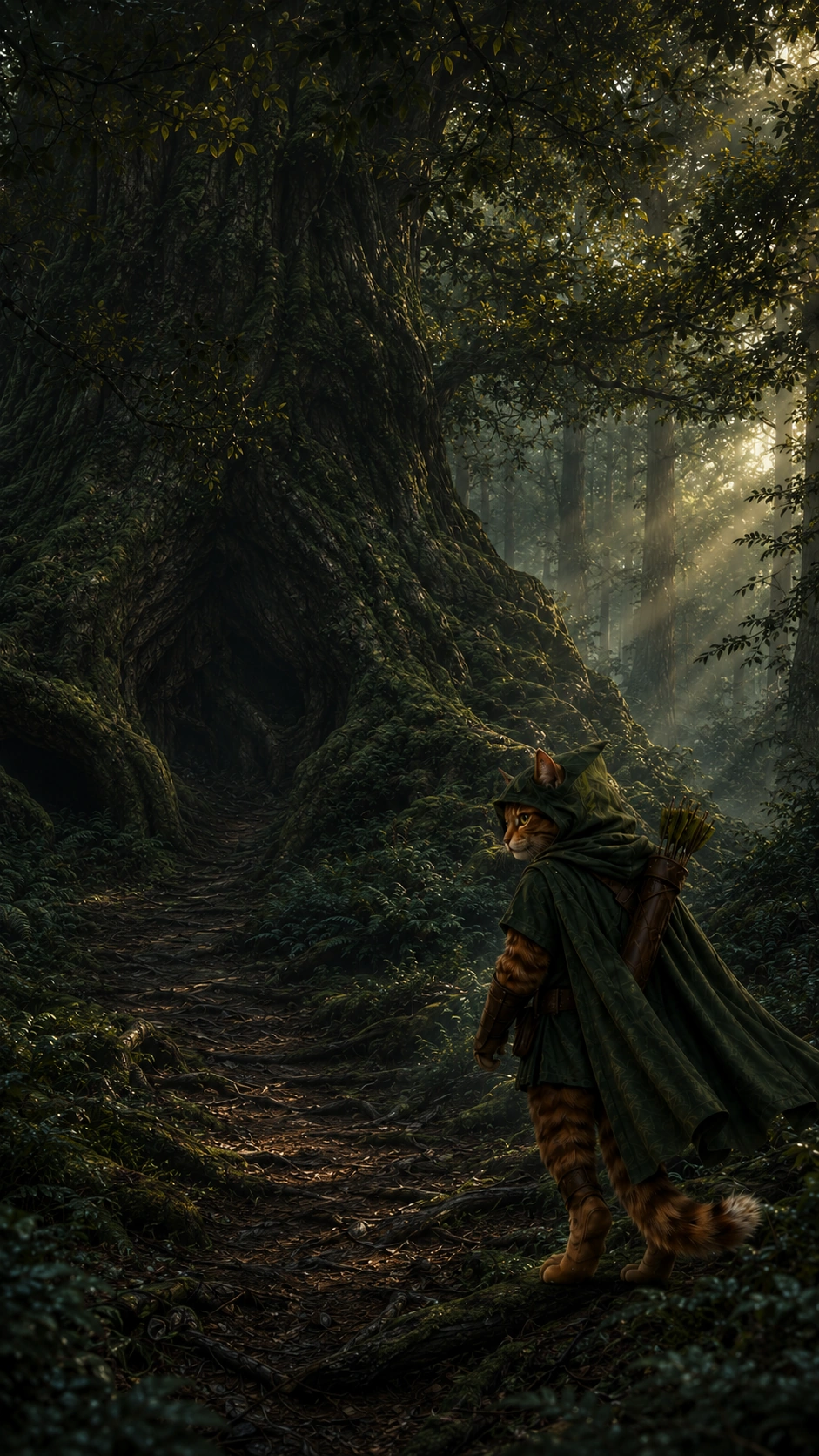 Robin Puss approaches the hidden Hollow Oak beneath ancient roots in Sherwood Forest.