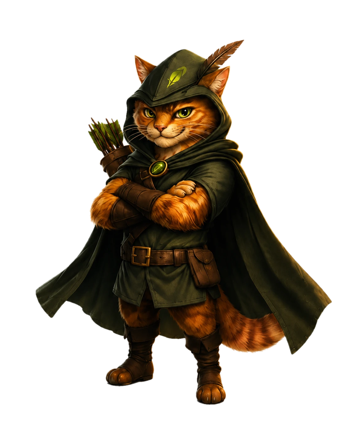 Robin Puss standing with his arms crossed, hooded and watchful